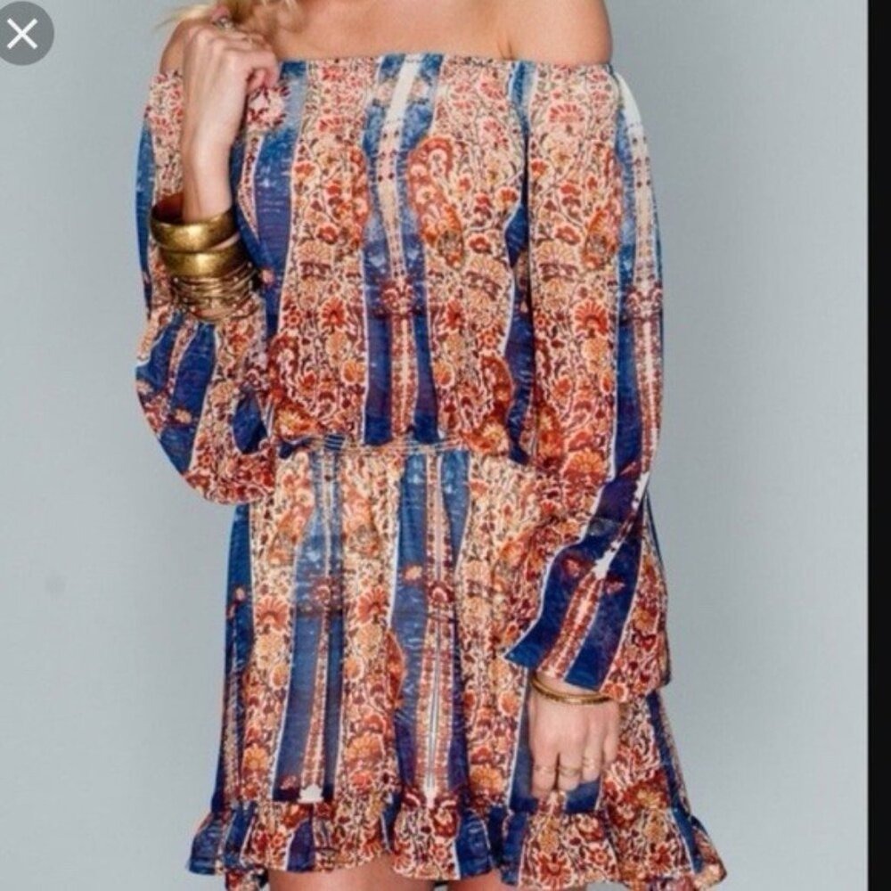 Show Me Your Mumu Mu Romper Medium Blue Paisley Floral Smocked Off Shoulder